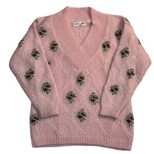Vintage Mohair Medium Pink Floral Embroidered Wool Oversized Sweater Coquette